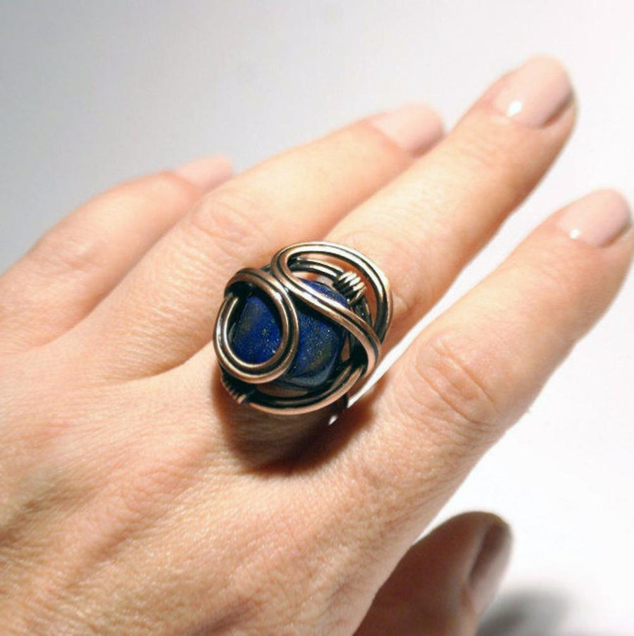 Handmade Lapis Lazuli Wire Wrap Adjustable Ring