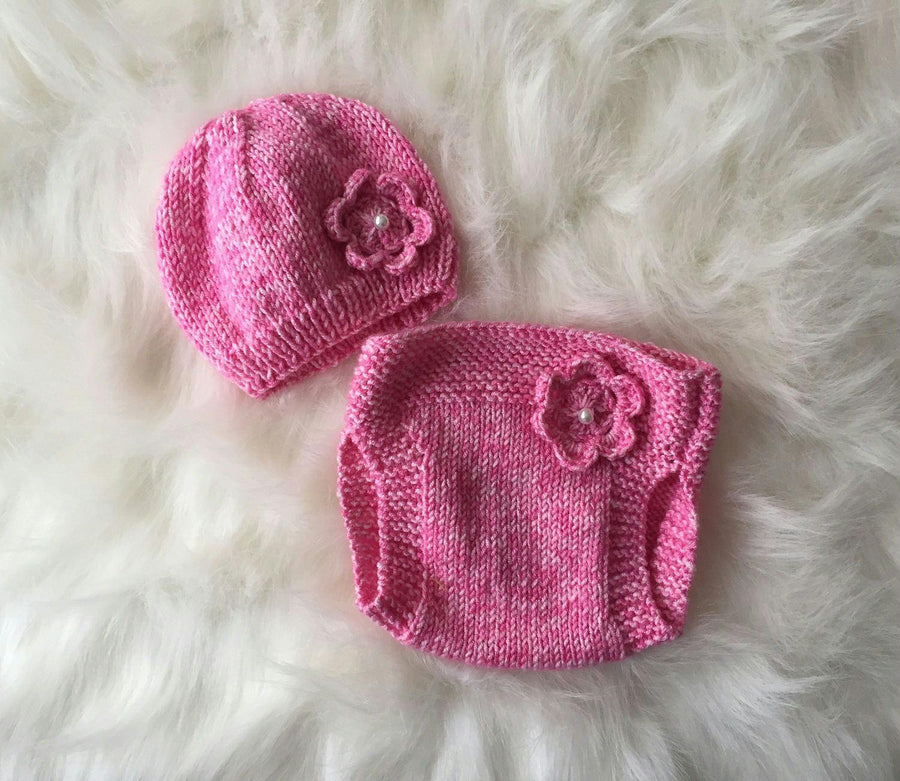 Handmade Baby Knit Hat & Diaper Cover with Flower