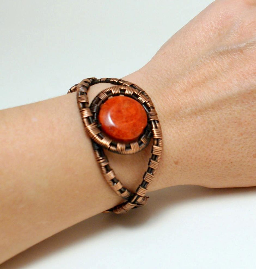 Handmade Copper Wire Wrapped Red Boho Bracelet