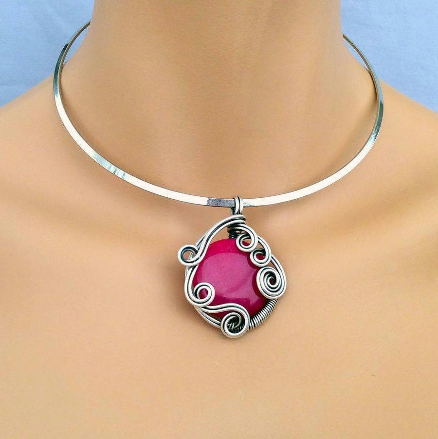 Handmade Pink Ruby Stone Pendant Boho Choker Necklace