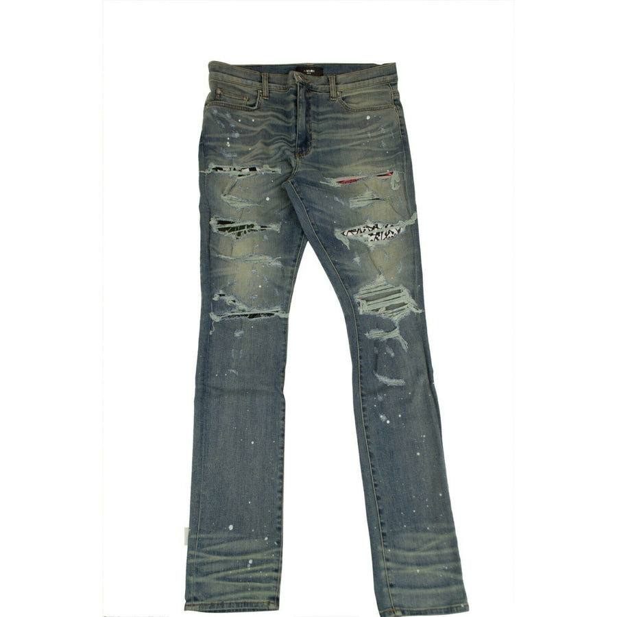 Denim Skinny Distressed Painted Jeans - Blue