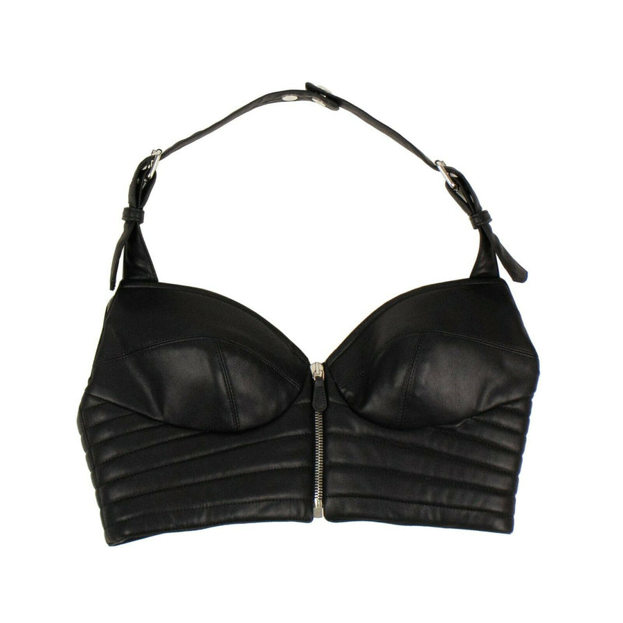 Faux Leather Zip Up Halter Bra Top - Black