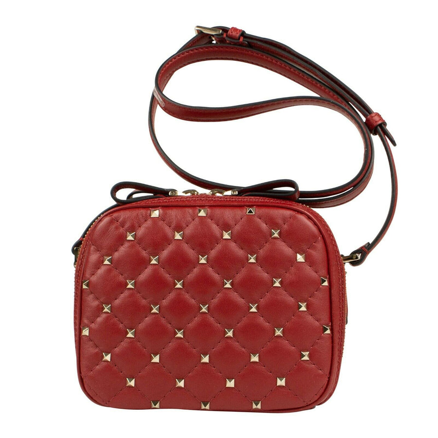 Quilted Leather Rockstud Camera Bag - Red