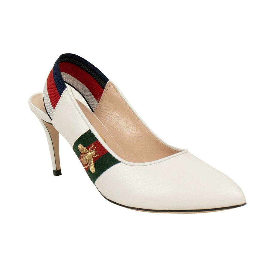 Women's Leather Web Bee Slingback Pumps - White