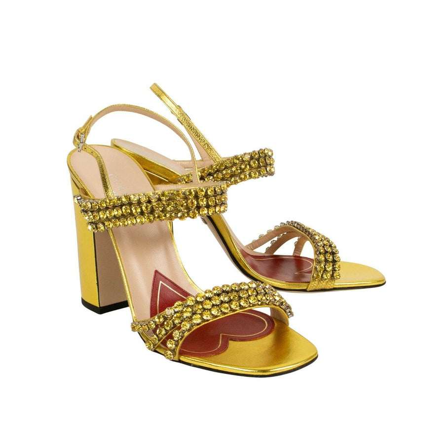 Women's Metallic Leather With Crystals Sandals Pumps - Gold