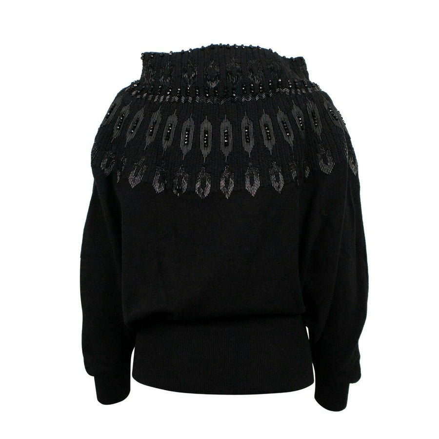 Beaded Embellished Wool Turtleneck Sweater - Black