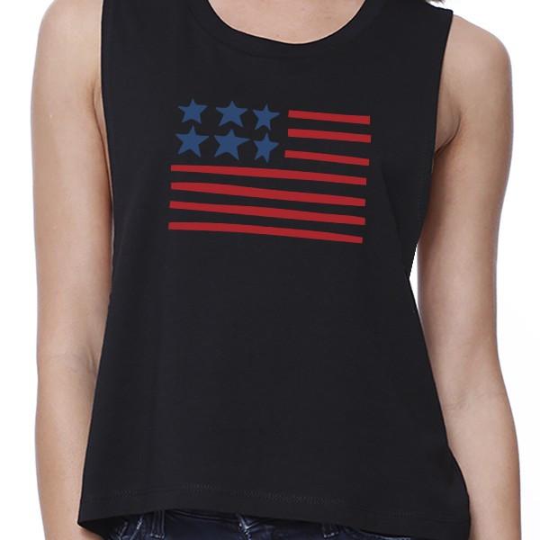 Cute USA Flag Design Womens Black Crop Top 4th of July Gift Ideas