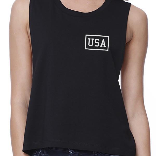 Mini USA Black Letter Printed Womens Black Graphic Crop T-Shirt