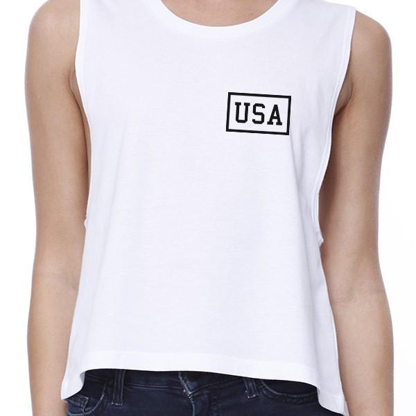 Mini USA Womens White Crop Tee Simple Design USA Printed Crop Top