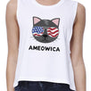 Ameowica Womens White Funny Cat Design Crop Tee For Fourth of July