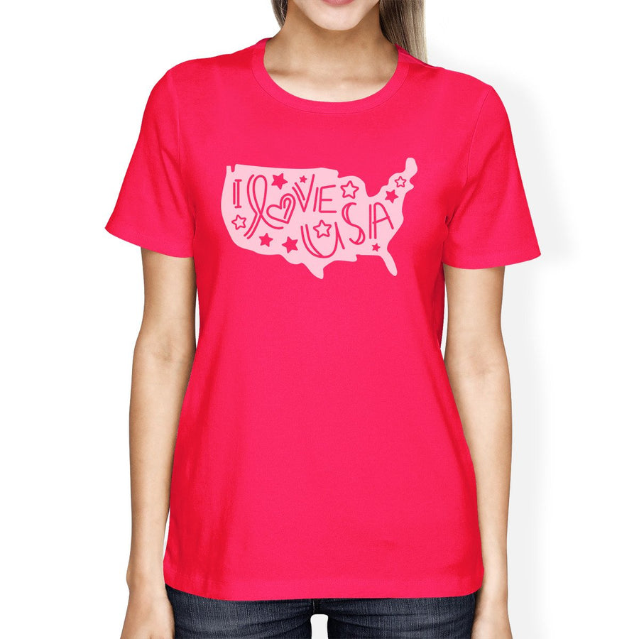 I Love USA Cute Womens Pink USA Map Design Tee For Independence Day