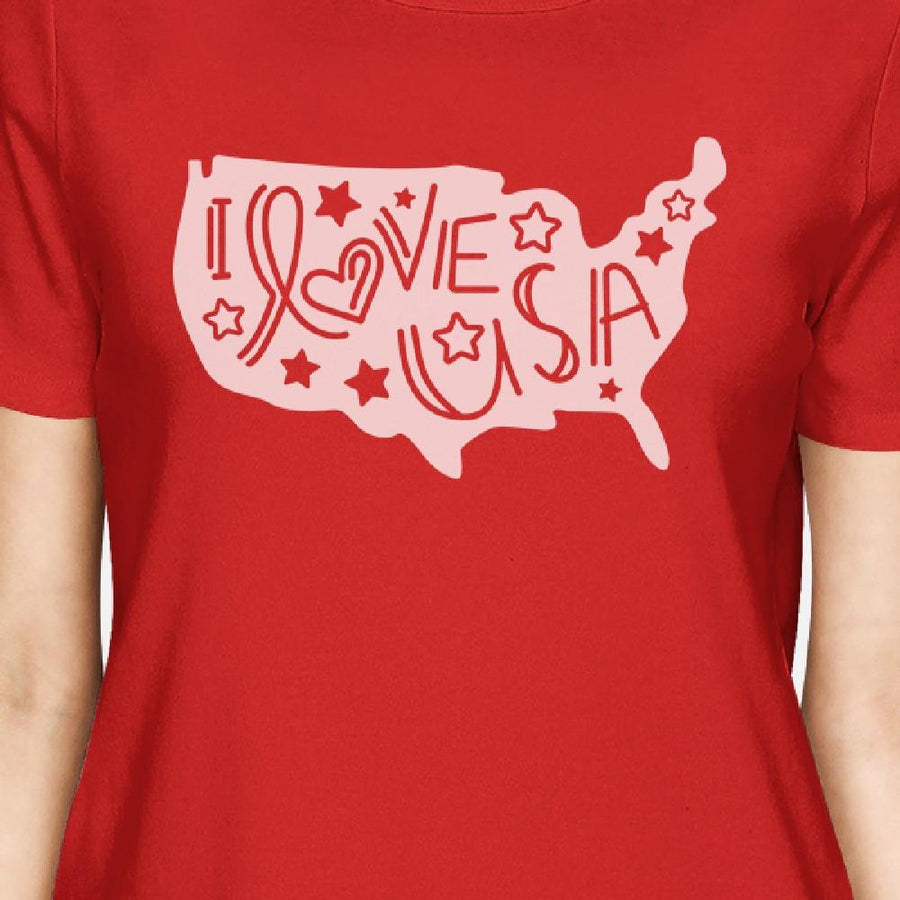 I Love USA Womens Red T-Shirt For Independence Day Cute Design Top