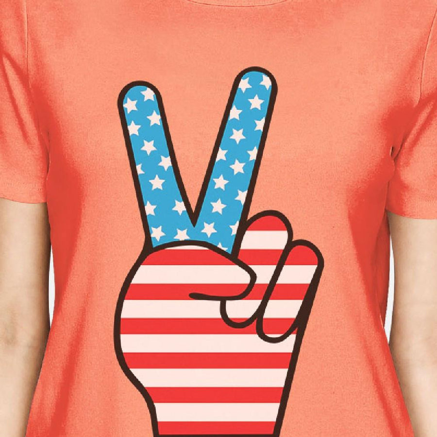 Cute American Flag T-Shirt With Peace Sign For Women Peach Cotton