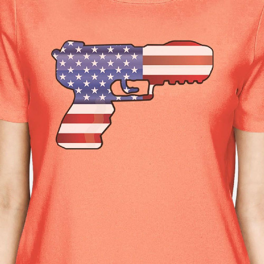 American Flag Pistol Womens Peach T-Shirt 4th Of July Design Tee