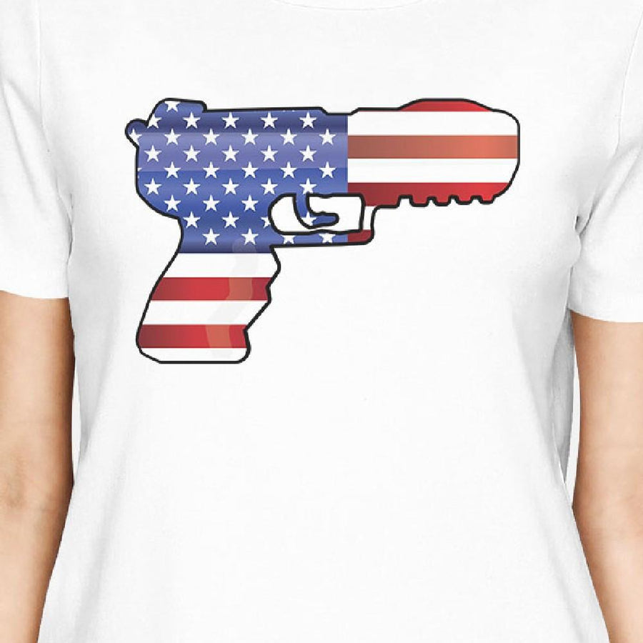 American Flag Pistol Womens White Short Sleeve Tee For 4th Of July