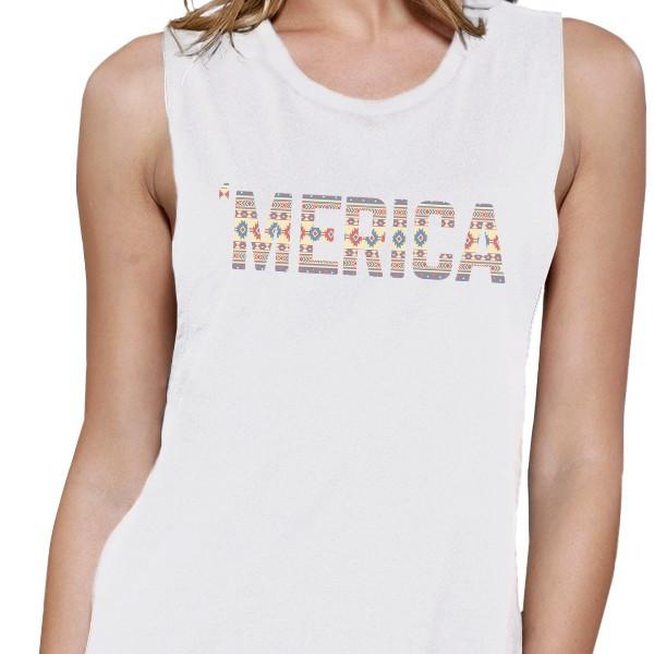 'Merica Womens White Muscle Top Cute Tribal Pattern Design Tee