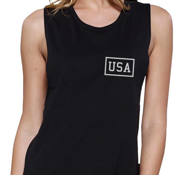 Mini USA Womens Black Graphic Muscle Tee Simple Design Workout Tee