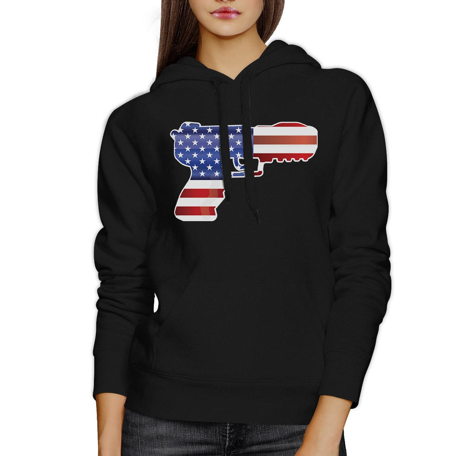 American Flag With Pistol Shape Unisex Black Hoodie For 4th Of July