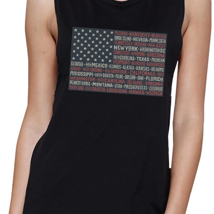 50 States Us Flag Womens Black Muscle Top Cap Sleeve For 4 Of July