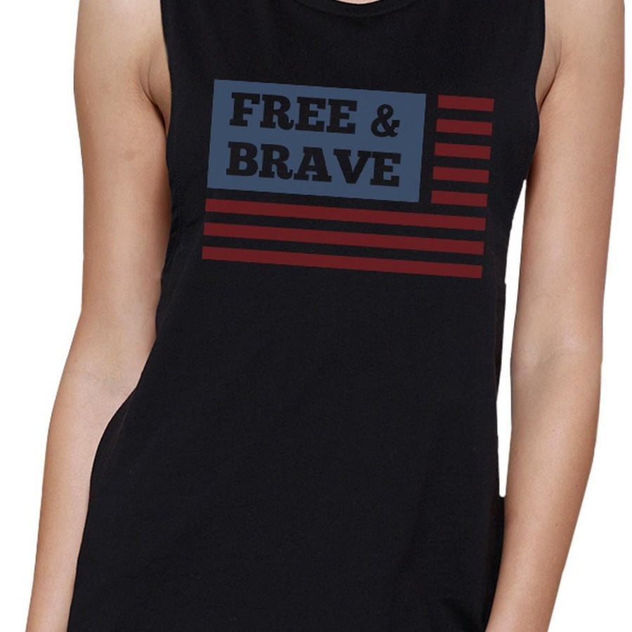 Free & Brave Us Flag Womens Black Funny Muscle Tanks Crewneck Line