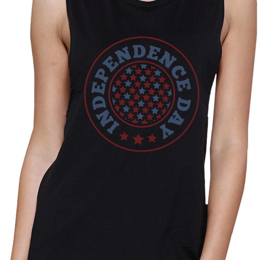 Independence Day Black Crewneck Cotton Graphic Muscle Tee For Women