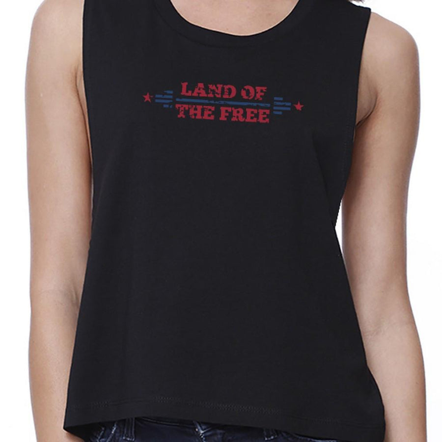 Land Of The Free Womens Black Crewneck Crop Top 4th Of July Gifts