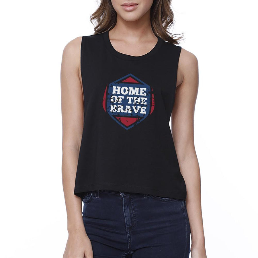 Home Of The Brave Black Cotton Unique Graphic Crop Tee For Women