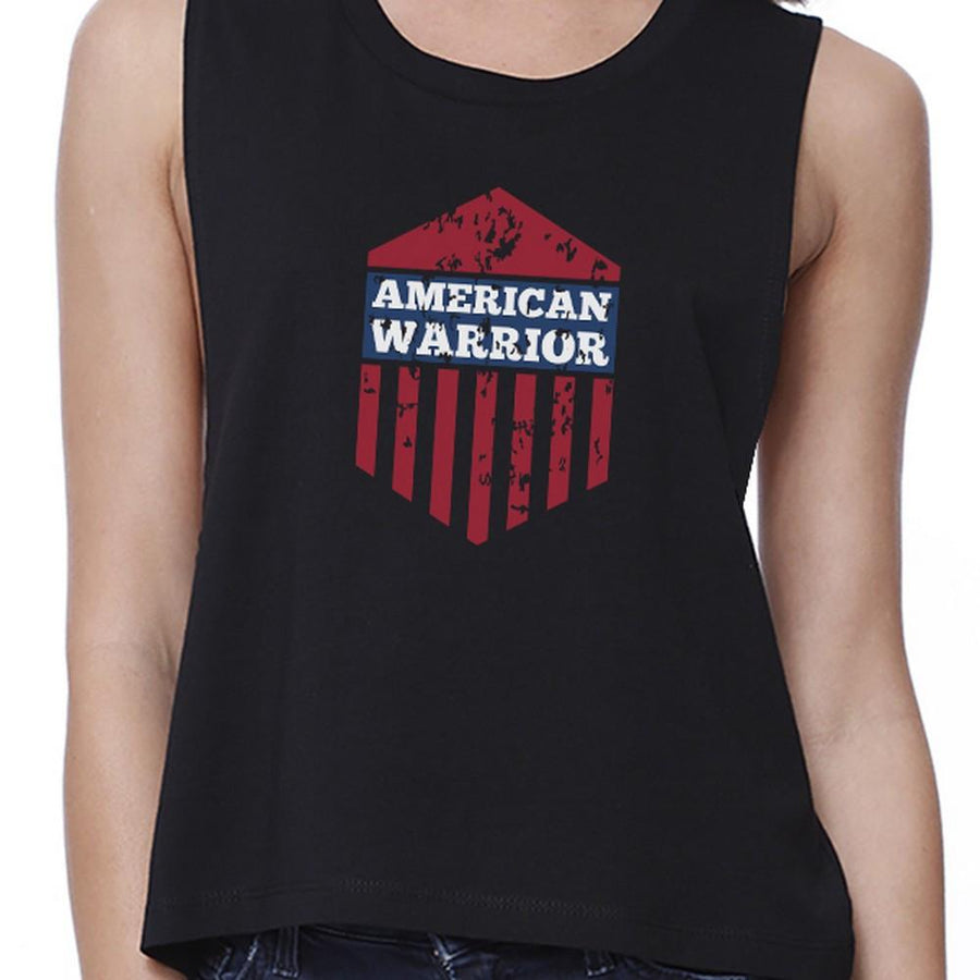 American Warrior Womens Black Crewneck Crop Tee Shirt Gift For Her