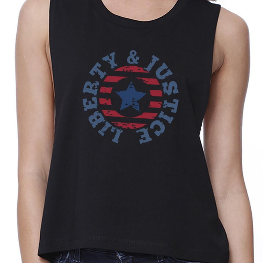 Liberty & Justice Womens Black Sleeveless Tee 4th Of July Crop Tee