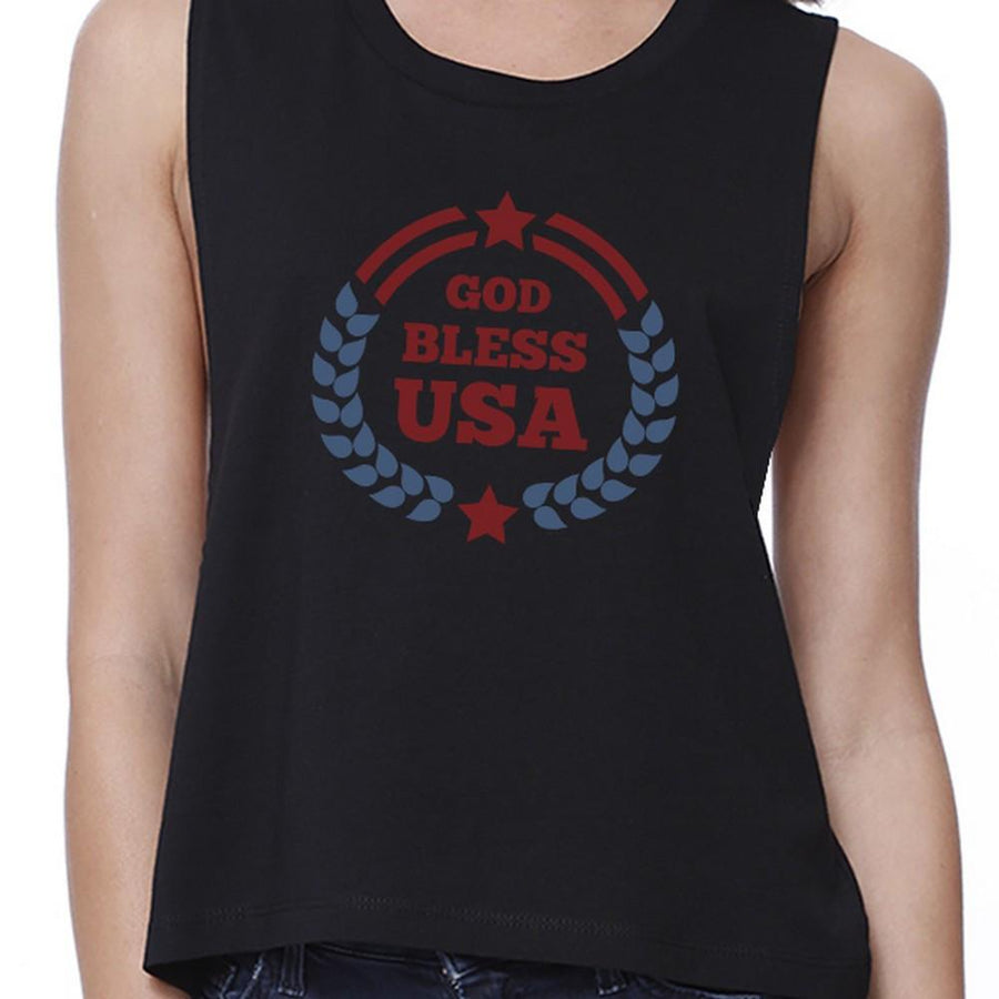 God Bless USA Womens Black Cotton Crop Tee Independence Day Gifts