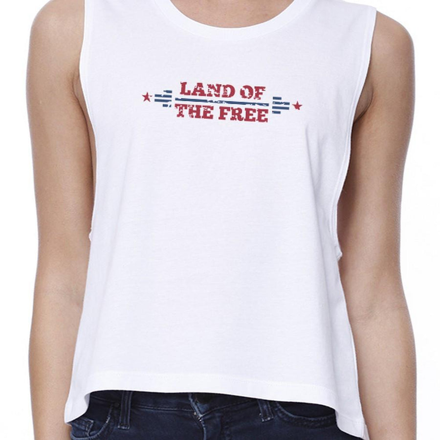 Land Of The Free Womens White Crewneck Crop Top 4th Of July Gifts