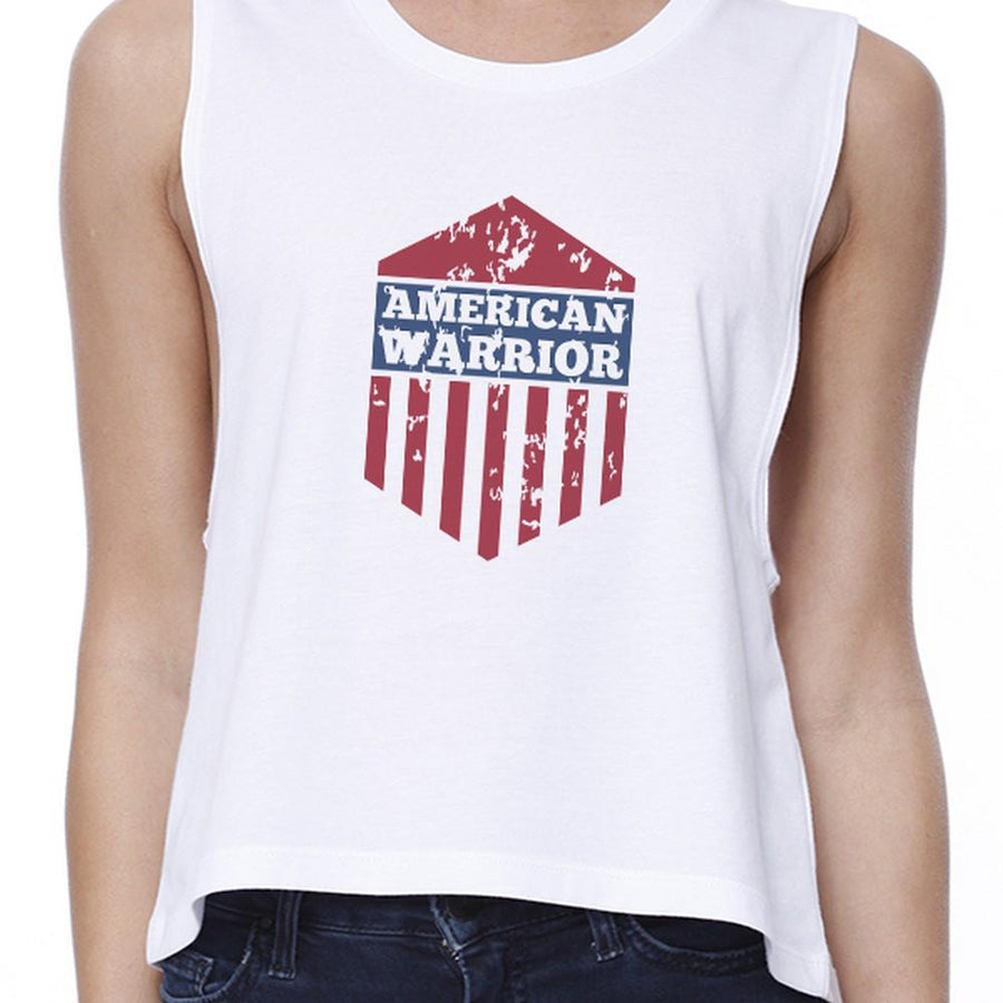 American Warrior Womens White Crewneck Crop Tee Shirt Gift For Her