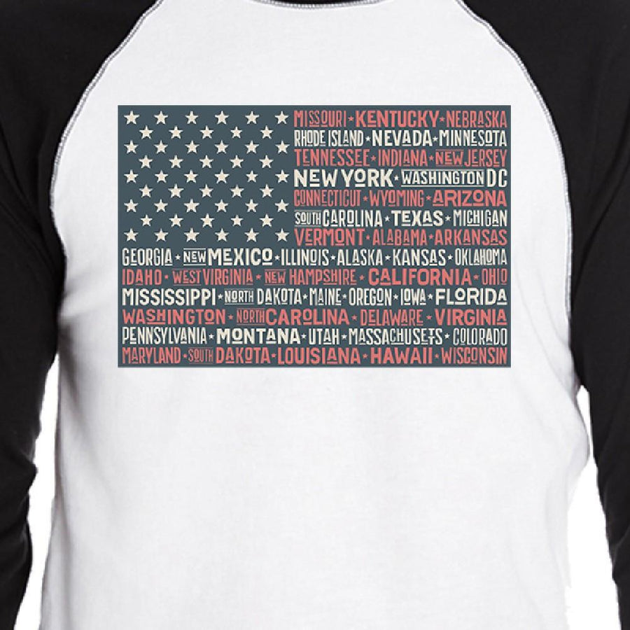 50 States Us Flag Mens Black Graphic Raglan Tee Cotton Round Neck