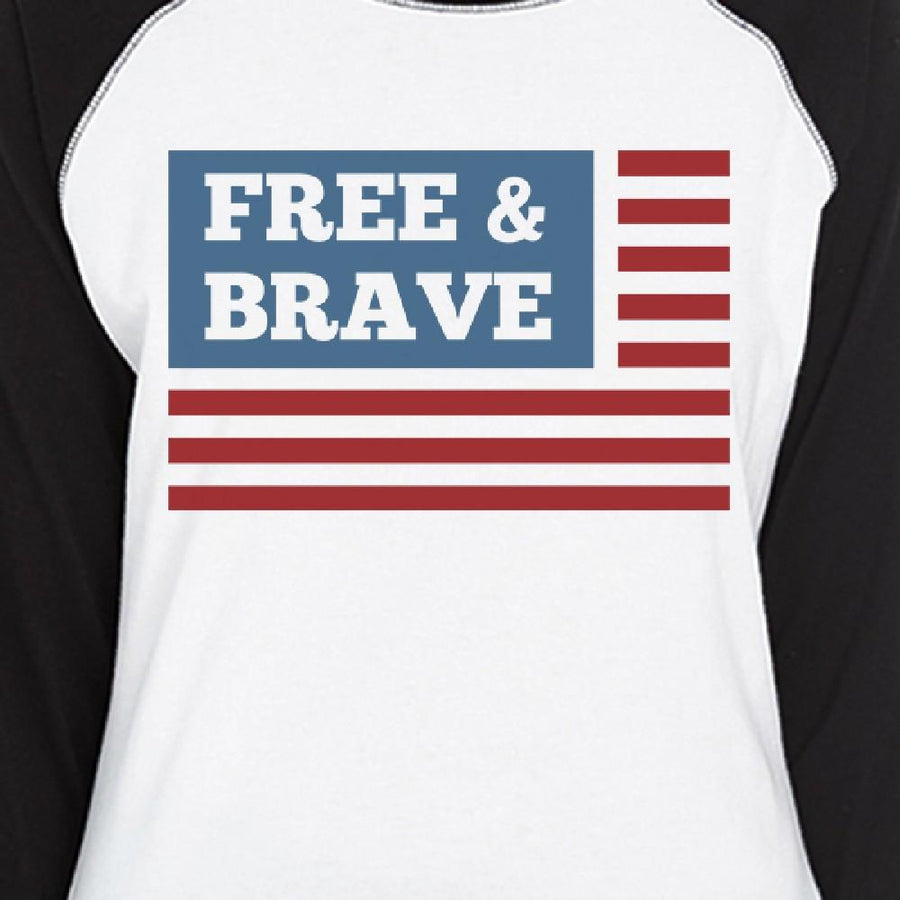 Free & Brave Us Flag Womens Black Raglan Tee Shirt Cotton Crewneck