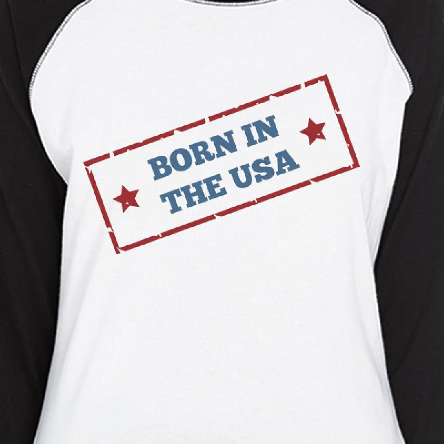 Born In The USA Womens Black Baseball Tshirt 3/4 Sleeve Graphic Tee