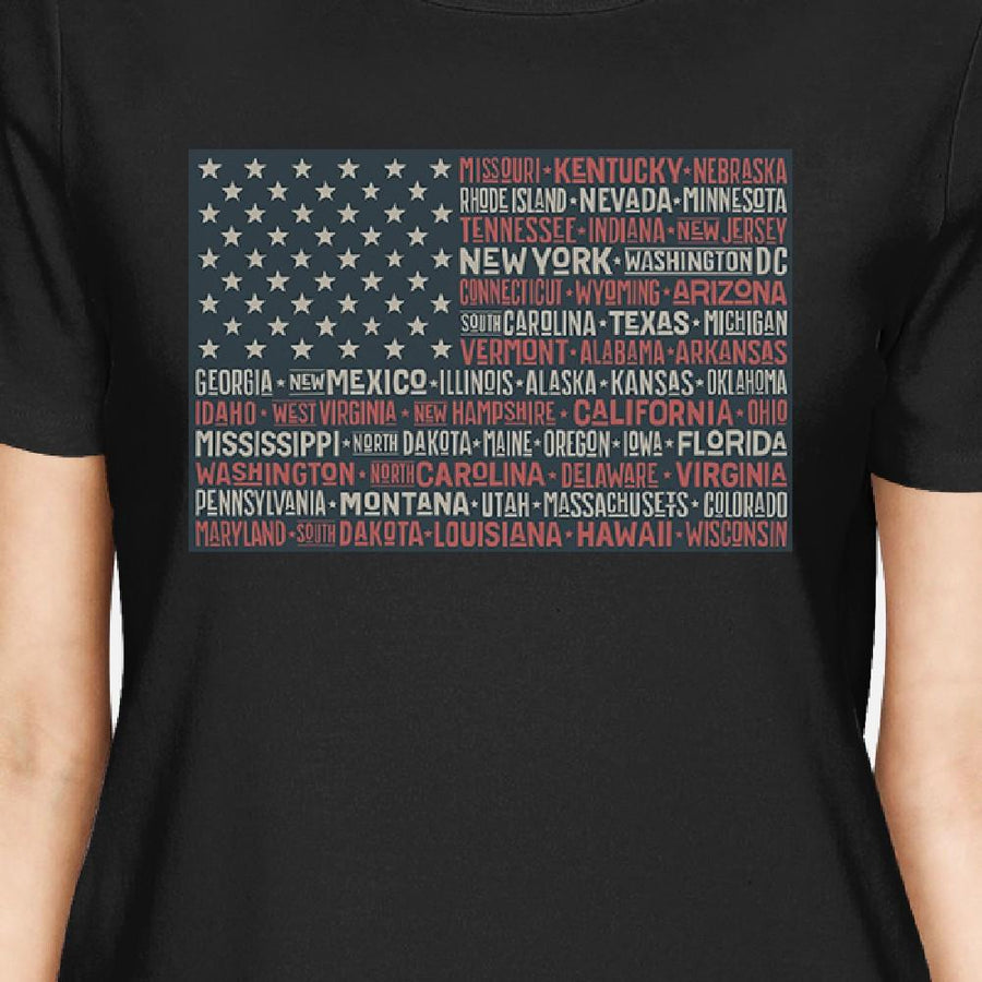 50 States US Flag American Flag Shirt Womens Black Cotton T-Shirt