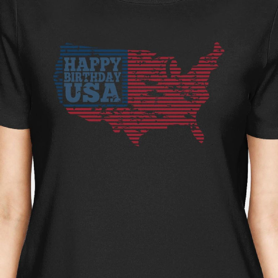 Happy Birthday USA American Flag Shirt Womens Black Graphic T-Shirt