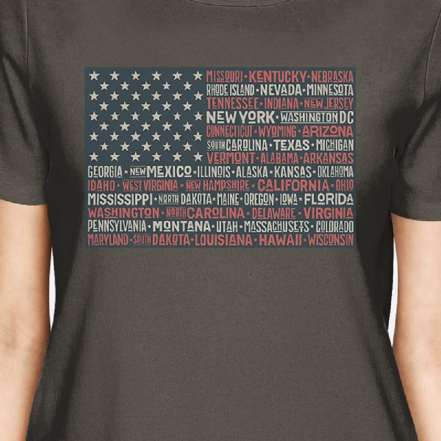 50 States American Flag Shirt Womens Dark Grey Cotton Graphic Tee