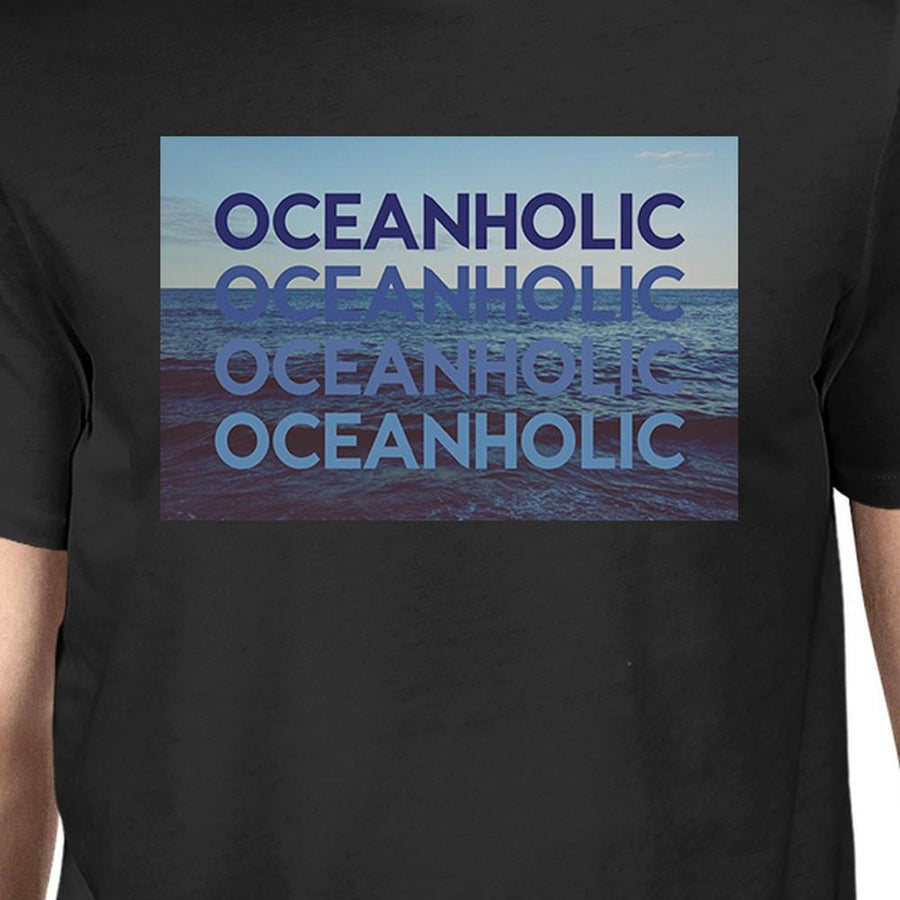 Oceanholic Mens Black Graphic Tee Lightweight Tropical Design Tee