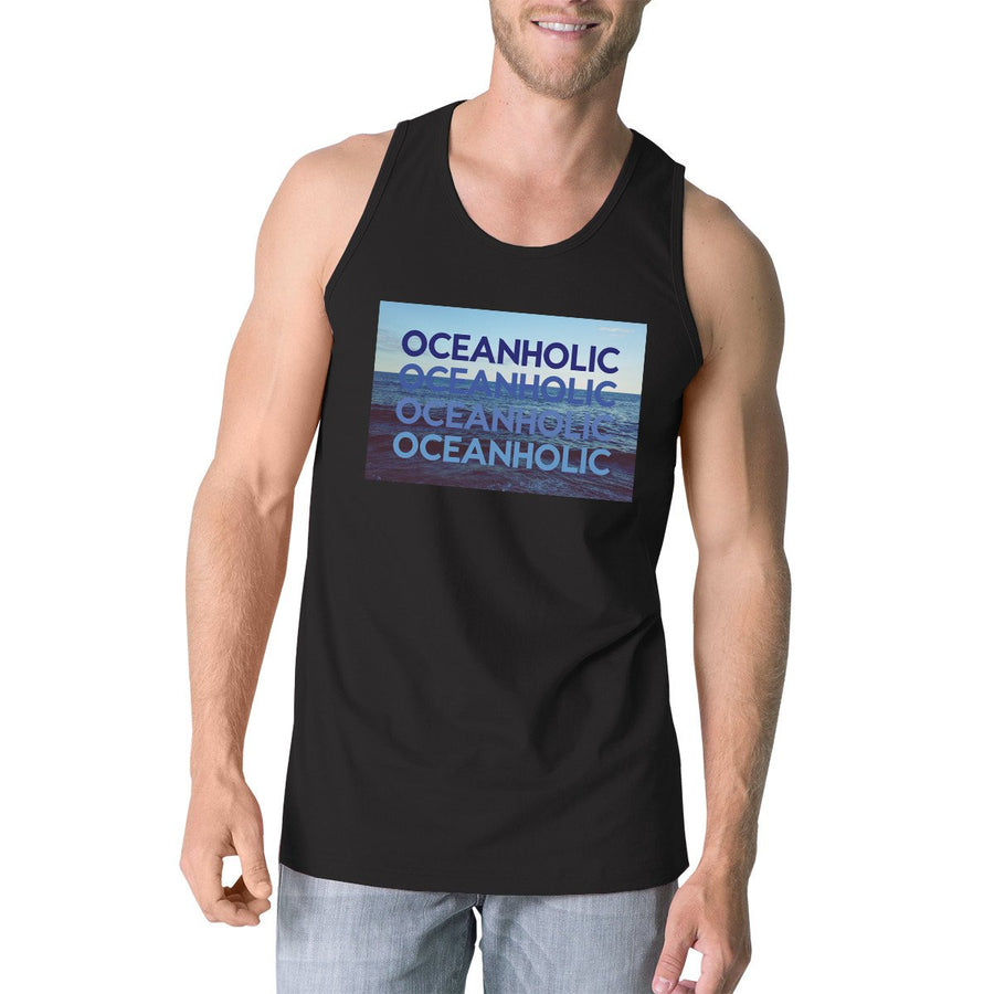 Ocean Holic Mens Black Graphic Tanks Lightweight Tropical Design