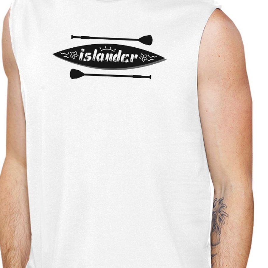 Islander Paddle Board Design Mens White Dropped Arm Hole Muscle Top