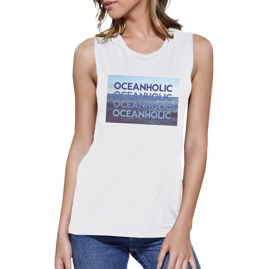 Oceanholic Women White Graphic Tee Lightweight Tropical Muscle Top