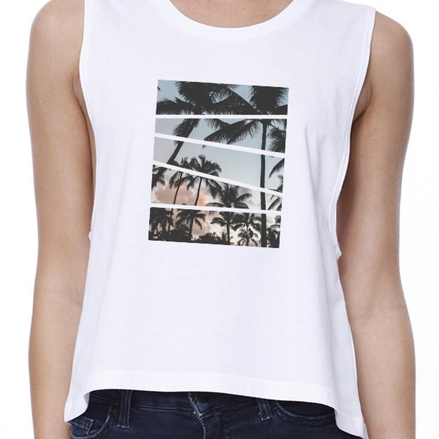 Palm Trees California Sunset Women White Loose Fit Crop Tee Shirt