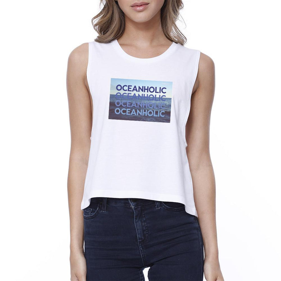 Oceanholic Women White Graphic Crop Top Lightweight Tropical Thank