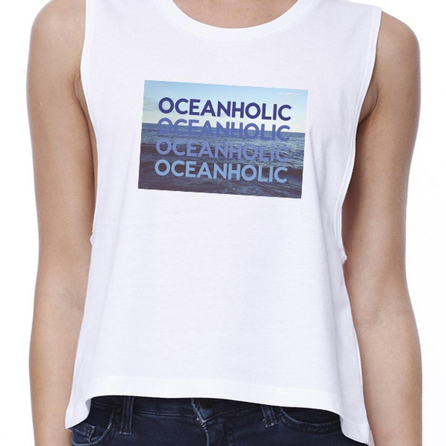 Oceanholic Women White Graphic Crop Top Lightweight Tropical Thank