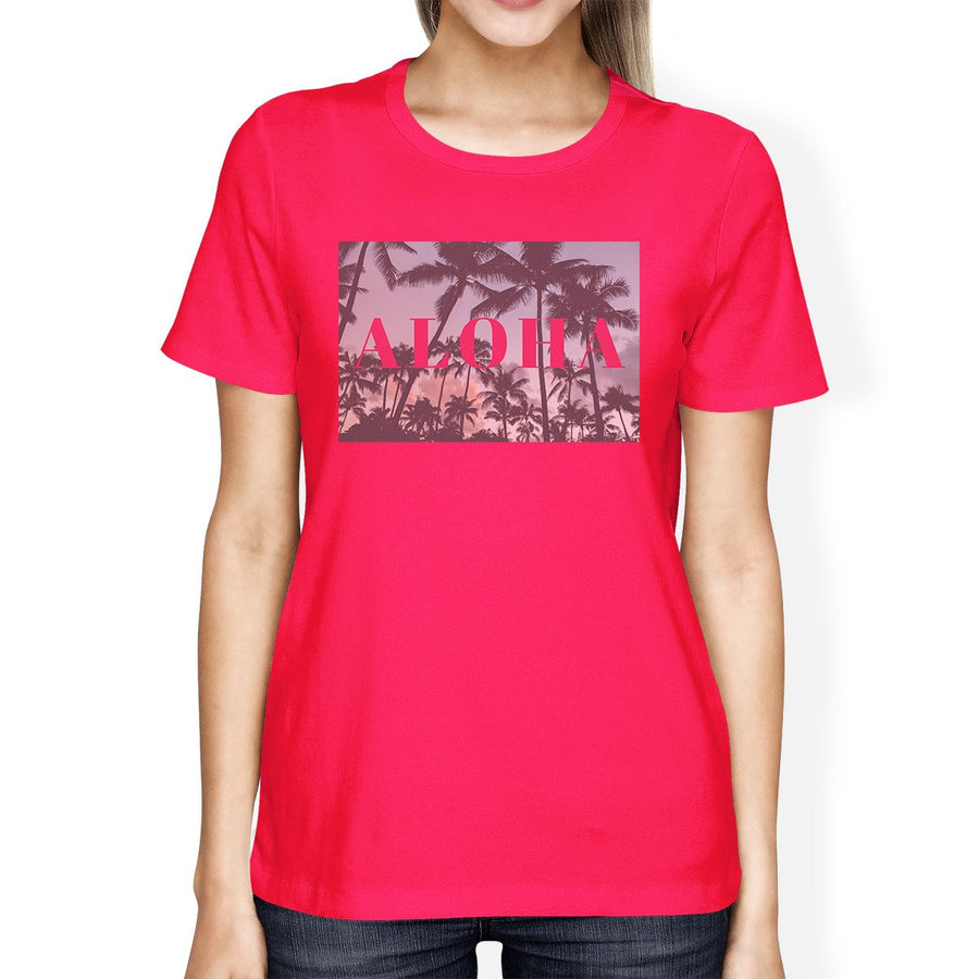 Aloha Palm Tree Photo Women Hot Pink Graphic Tee Lightweight Cotton