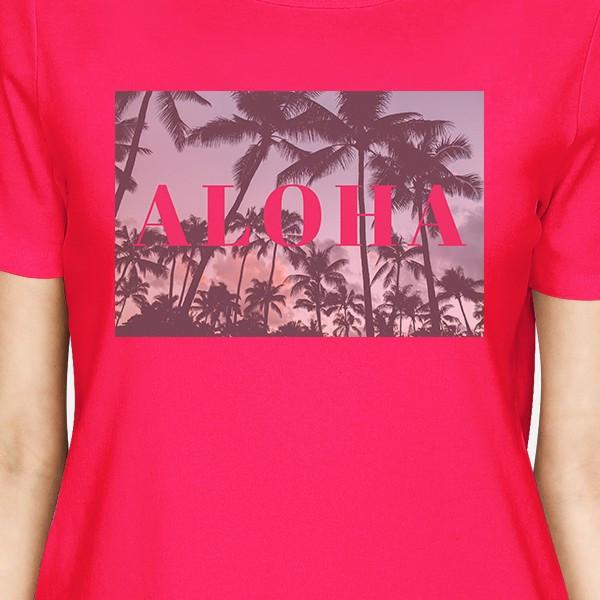 Aloha Palm Tree Photo Women Hot Pink Graphic Tee Lightweight Cotton