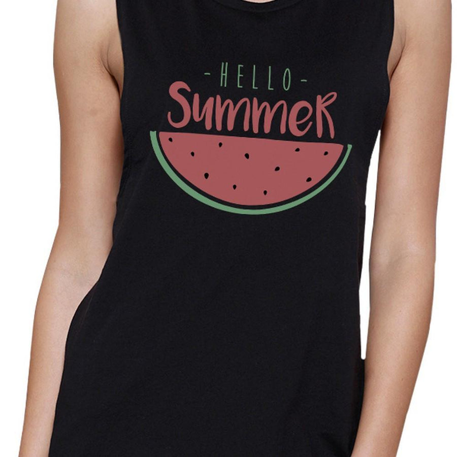 Hello Summer Watermelon Womens Black Muscle Top