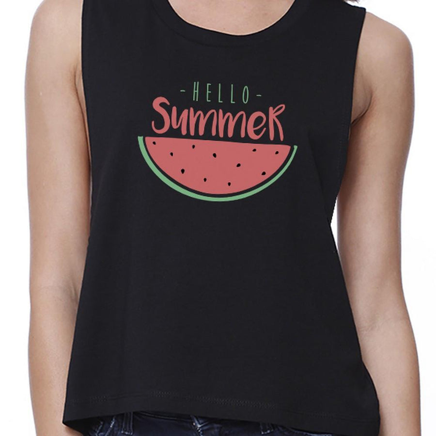 Hello Summer Watermelon Womens Black Crop Top