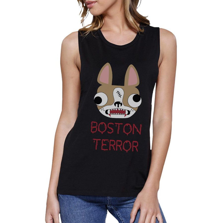 Boston Terror Terrier Womens Black Muscle Top